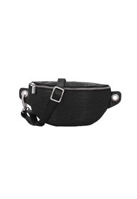 Bolso tipo riñonera negro de cuero sintético con diseño de cocodrilo, con cremallera plateada, correa ajustable y hebilla de metal, aislado sobre fondo blanco.