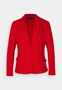 Red tailored blazer featuring a notched collar, two front pockets, single button closure, and smooth, structured fabric.