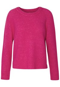 Suéter de punto rosa brillante con un escote redondo, mangas largas de raglán y un corte holgado. La textura parece suave y ligeramente brillante.