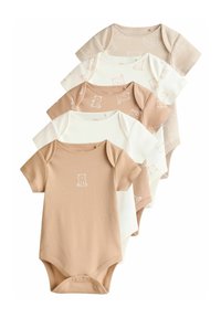 Set med fem bodysuits för spädbarn i beige och vitt. Kortärmade, i bomull med lekfullt björnmönster, tre enfärgade och två mönstrade designer.