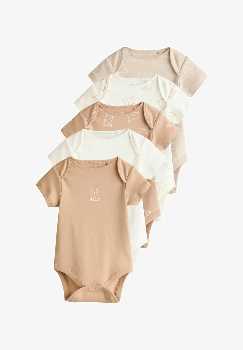 Set of five infant bodysuits in beige and white. Short-sleeved, cotton fabric with playful bear print, three solid and two patterned designs.