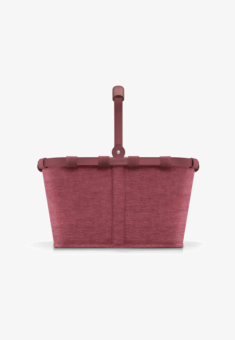 Bessenkleurige opvouwbare mand met een textiellichaam en een stevige handgreep. Voorzien van een ronde hardwareaccent voor grip.