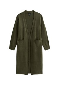 Cardigan lungo verde oliva realizzato in morbido tessuto a maglia, caratterizzato da una vestibilità comoda, apertura frontale e due tasche anteriori con polsini a costine.