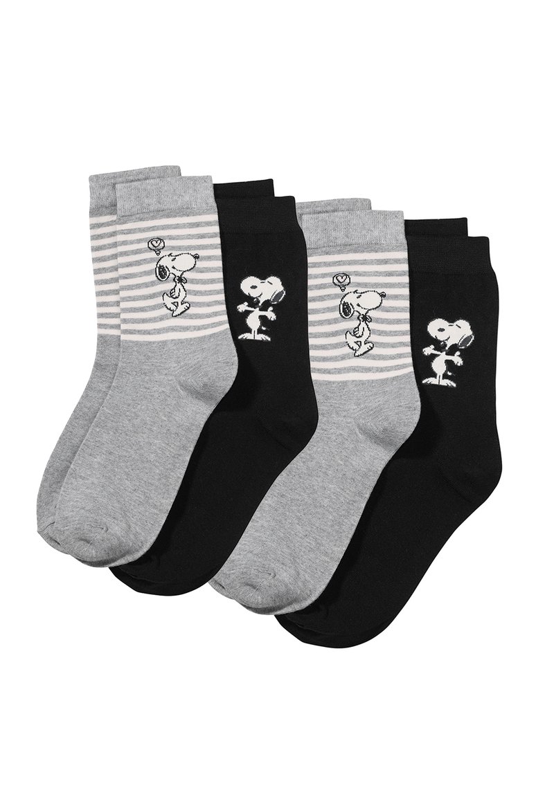 Cuatro pares de calcetines de tobillo: dos grises con rayas horizontales y dos negros. Cada par presenta un gráfico de Snoopy en colores contrastantes.