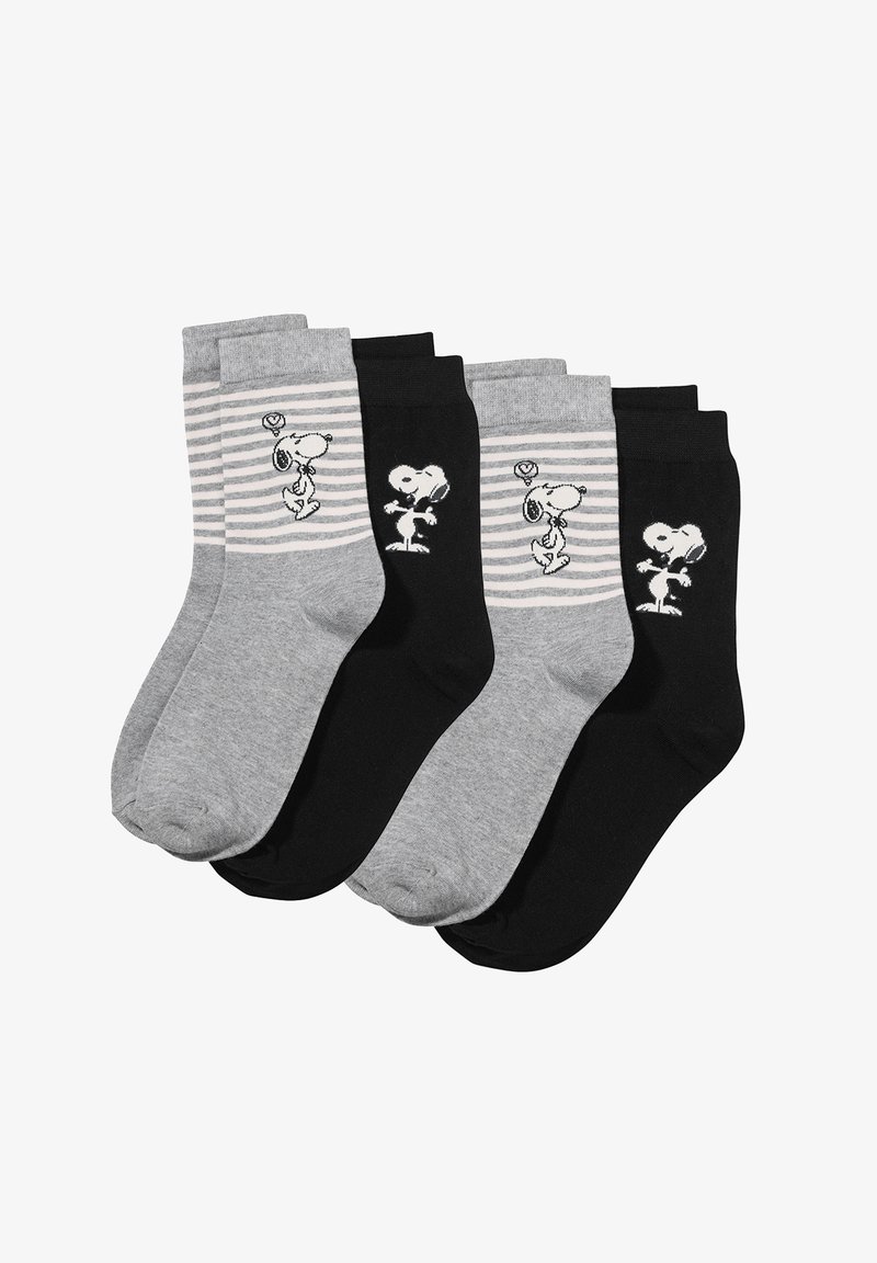 Quattro paia di calzini alla caviglia: due grigi con righe orizzontali, due neri. Ogni paio presenta un grafico di Snoopy in colori a contrasto.
