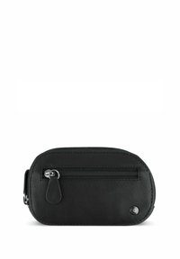 Black leather wallet with a textured finish, oval shape, prominent zip closure, and a small exterior pocket. Silver hardware accents visible.