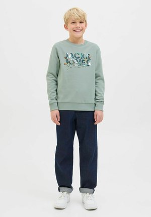 Ljusgrön sweatshirt med flerfärgad logotryck, kombinerad med mörkblå jeans och vita sneakers. Avslappnad passform med ribbade ärmslut.