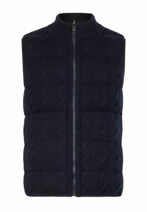 Marineblauer Strickweste mit strukturierter Zopfmuster-Strickerei, hohem Kragen und vorderem Reißverschluss. Glattes Futter und taillierte Passform.