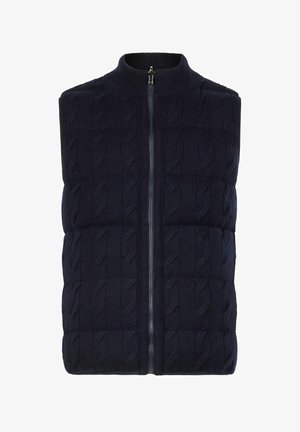 Marineblauer Strickweste mit strukturierter Zopfmuster-Strickerei, hohem Kragen und vorderem Reißverschluss. Glattes Futter und taillierte Passform.