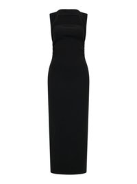 Melnas krāsas midi kleita bez piedurknēm ar kvadrātveida izgriezumu un piegulošu siluetu.