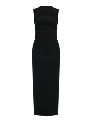 Hihaton musta midimekko, jossa on neliömäinen pääntie ja vartaloa myötäilevä siluetti.