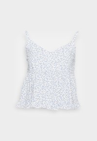 Vit linne med blått blommönster, V-hals, justerbara axelremmar, rynkad midja och utställd fåll med prydnadsvolang.