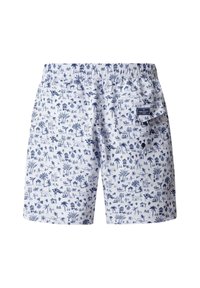 Weiße Badeshorts mit blauem tropischem und architektonischem Muster, elastischem Bund und Gesäßtasche mit Klappe und Hackett-Label.