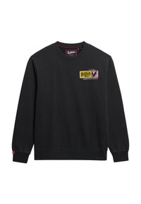 Sudadera negra de algodón con cuello redondo. Presenta un parche de etiqueta colorido "Super" en la parte delantera y un acento rojo en el puño de la manga.