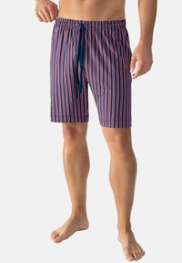 Blauwe en rode gestreepte zwembroek met een elastische tailleband en trekkoord, met een relaxte pasvorm en een zachte stoftextuur.