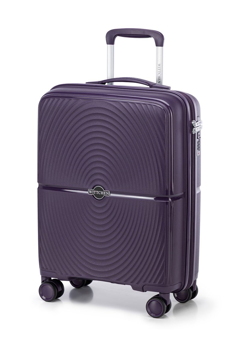 Purple hard-shell suitcase with ribbed texture, dual wheels, and a retractable handle. Features a zipper closure and brand logo.