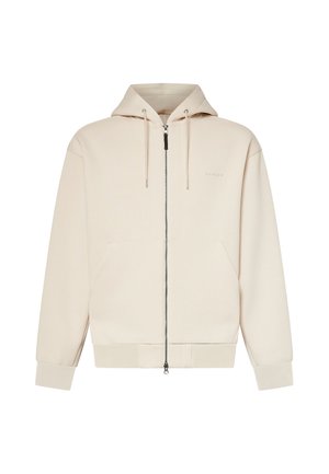Beżowa bluza z kapturem na zamek błyskawiczny, z przednimi kieszeniami, regulowanym sznurkiem kaptura, ściągaczami na mankietach i subtelnym logo na piersi.