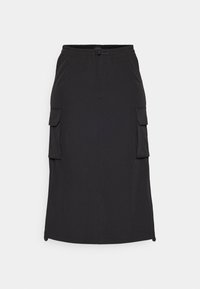 Sort cargonederdel lavet af glat stof med elastisk taljebånd, to sidelommer og et lige snit.