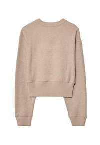 Pull court tricoté beige avec manches longues, poignets côtelés et ourlet côtelé.