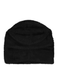 Berretto in faux fur nero con una texture morbida e pelosa e forma arrotondata, progettato per calore e stile.