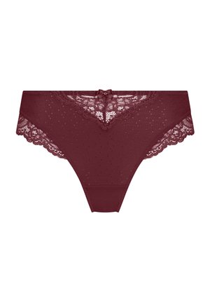 Bordeauxroter Bikini-Unterwäsche mit Spitzenbesatz, kleinen Netzpunkten und einer dekorativen Schleife vorne in der Mitte.