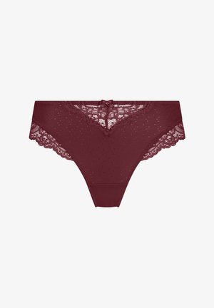 Bordeauxroter Bikini-Unterwäsche mit Spitzenbesatz, kleinen Netzpunkten und einer dekorativen Schleife vorne in der Mitte.