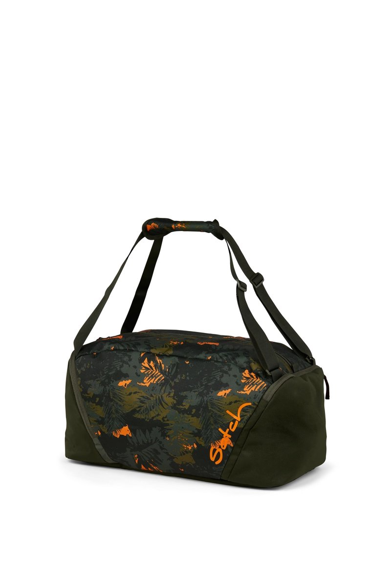 Borsa duffle con un corpo verde scuro e un motivo tropicale di foglie nere, arancioni e verdi. Presenta duplice manici e una tracolla regolabile.