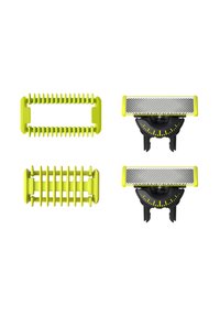 Gli accessori per la toelettatura in plastica verde presentano design a pettine e protezione. Include testine di rasoio con copertura in rete e basi nere, contrassegnate con indicatori di misurazione.