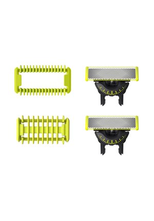 Green plastic grooming attachments feature comb and guard designs. Includes mesh-covered razor heads with black bases, marked with measurement indicators.