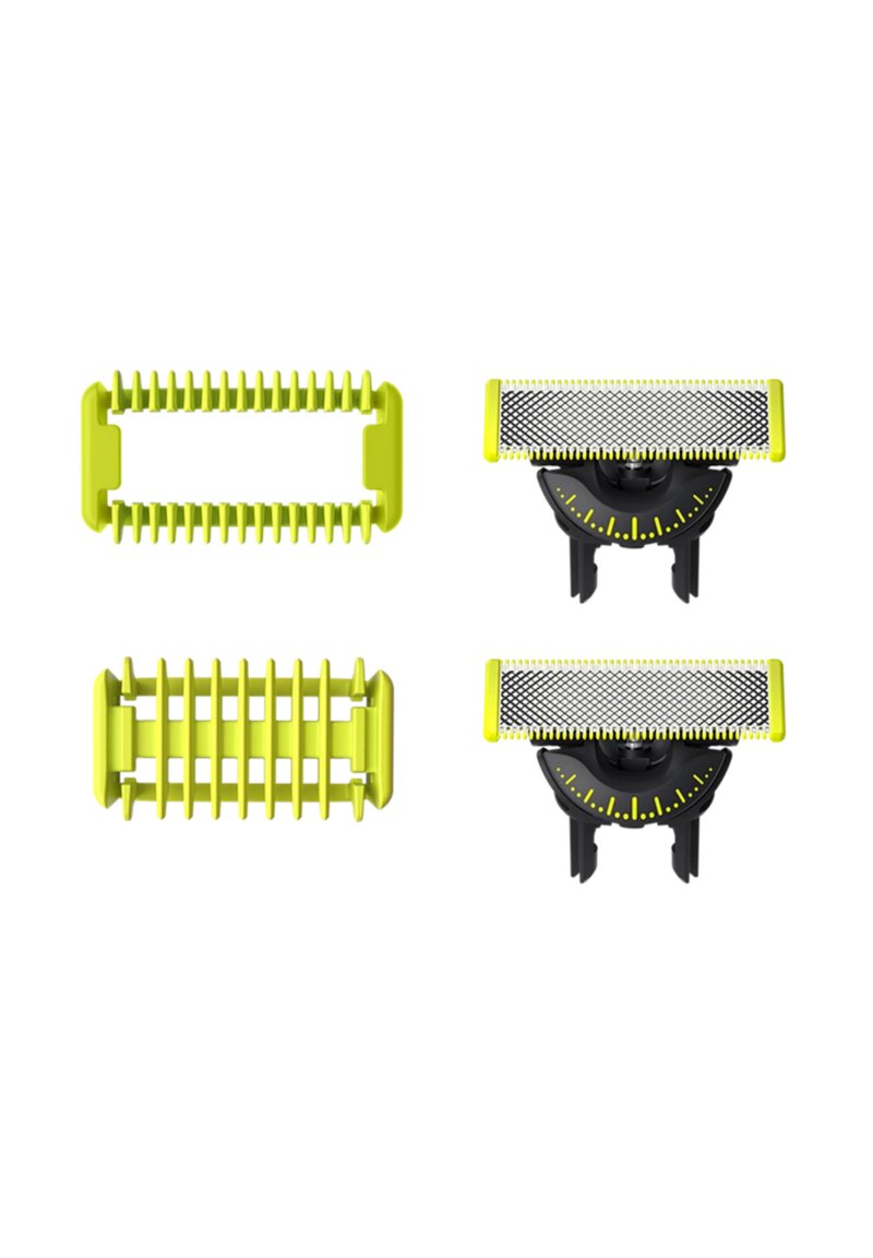 Gli accessori per la toelettatura in plastica verde presentano design a pettine e protezione. Include testine di rasoio con copertura in rete e basi nere, contrassegnate con indicatori di misurazione.