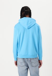 Light blue hoodie with a drawstring hood, ribbed cuffs, and hem; paired with light blue denim jeans showing back pockets.