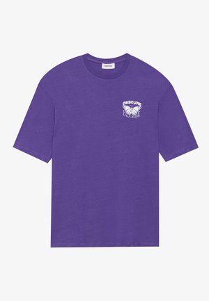 Purple cotton t-shirt with a round neckline, short sleeves, and a front graphic of white butterflies and the text "OBSCURE FUN."