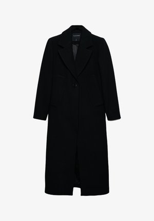 Manteau long en laine noire avec de larges revers, deux poches latérales et une fermeture à un bouton à l'avant.