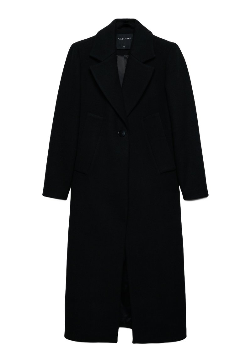 Cappotto lungo in lana nera con ampi rever, due tasche laterali e chiusura con un singolo bottone sul davanti.