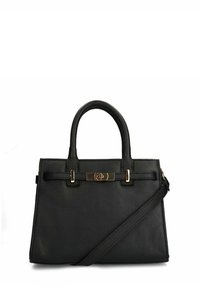 Borsa in pelle nera con doppio manico superiore, tracolla regolabile, hardware in tono oro e finitura testurizzata. Presenta un dettaglio di chiusura frontale.