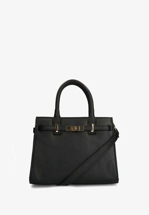 Zwarte leren handtas met dubbele handvatten aan de bovenkant, verstelbare schouderriem, gouden hardware en een gestructureerde afwerking. Voorzien van een sluiting aan de voorkant.