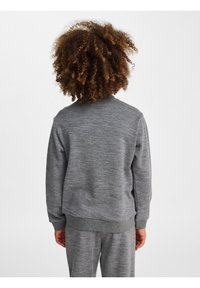 Grå sweatshirt med en texturerad yta, ribbade mudd och nederkant. Har en rund halsringning och avslappnad passform, visad från baksidan.