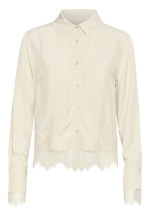 Ivory blouse with a collar and button front. Features long sleeves and lace trim at the hem and cuffs, adding delicate detail.