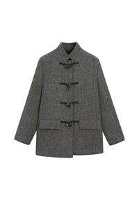 Cappotto in misto lana grigio con collo alto, chiusure a bottoni a fazzoletto e due tasche frontali. Finitura texturizzata con una silhouette classica e lineare.