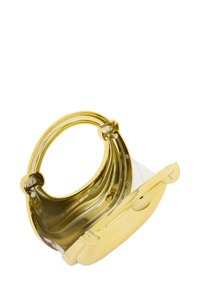 Arany színű clutch táska kerek fogantyúval, átlátszó panellel és sima felülettel. A zárása egyedi dizájnnal rendelkezik, finom díszítésekkel.