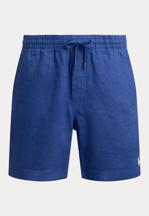 Pantaloncini da uomo blu con vita elastica e coulisse, con piccolo logo bianco sulla parte inferiore della gamba sinistra.