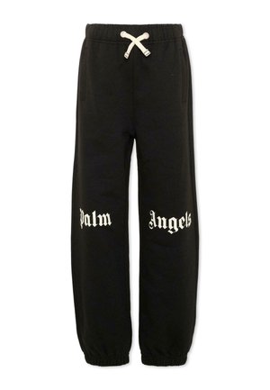 Pantaloni della tuta neri con vita e polsini elasticizzati, coulisse bianca e testo gotico bianco "Palm" sulla gamba sinistra e "Angels" sulla gamba destra.