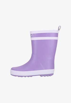 Botte de pluie en caoutchouc violet avec semelle et bordure blanches, dotée d'une languette de traction et d'une étiquette de marque près du haut.