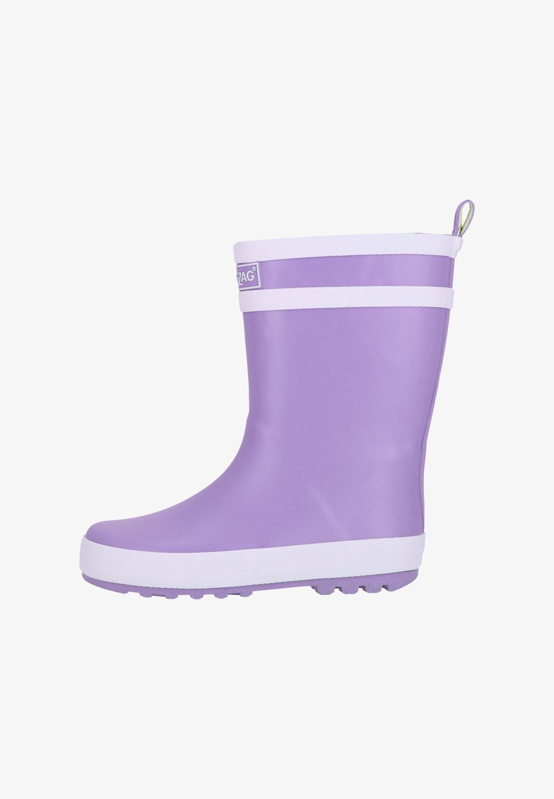 Botte de pluie en caoutchouc violet avec semelle et bordure blanches, dotée d'une languette de traction et d'une étiquette de marque près du haut.