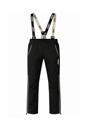 Pantalon de plein air noir avec bretelles blanches à logo, poches latérales zippées et fermetures éclair aux chevilles pour un ajustement réglable.