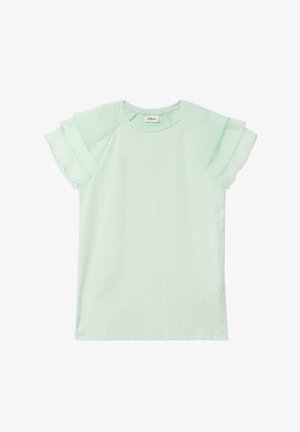 Mintgrünes T-Shirt mit kurzen Ärmeln aus weichem Stoff, verziert mit gerafften Netzdetails an den Ärmeln und einem Rundhalsausschnitt.