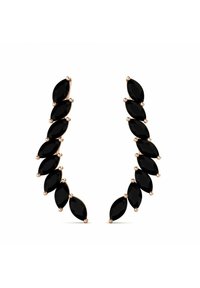 Orecchini neri a forma di marquise disposti in una linea curva, con accenti in metallo dorato e pietre sfaccettate scintillanti.