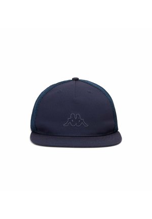 Cappellino da baseball blu navy con visiera piatta, pannelli laterali in rete, logo ricamato sul davanti e finitura del tessuto testurizzata.