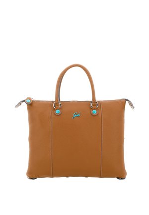 Borsa a mano in pelle marrone con due manici, dettagli con bottoni turchesi e logo turchese sul davanti, su sfondo bianco.