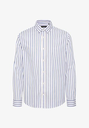 Bijela košulja s gumbima koja ima okomite plave i smeđe pruge, kragnu s lepršavim rubom i manžete s gumbima s odgovarajućim prugastim naglascima.